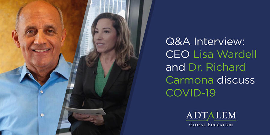 Video still image with graphic text "Q&A Interview: CEO Lisa Wardell and Dr. Richard Carmona discuss COVID-19"