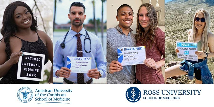 Medical students from AUC Med and Ross holding their Match Day signs