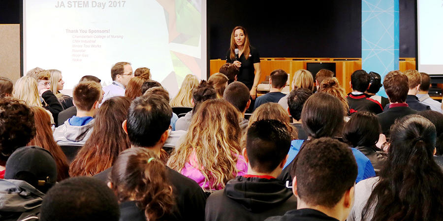 Lisa Wardell speaking to a classroom of Junior Achievement Award winners