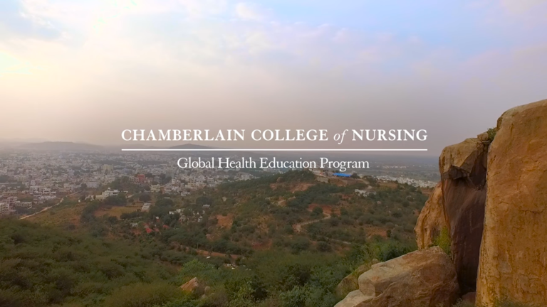 landscape view of mountain plain with chamberlain college of nursing text in foreground