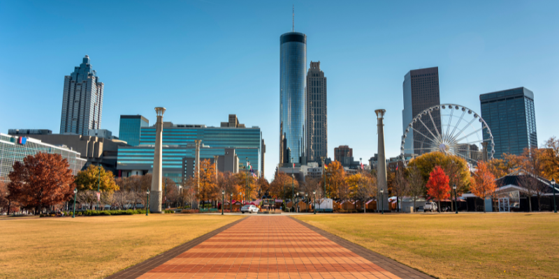 The Atlanta city skyline during the day, with view of the ferris wheel