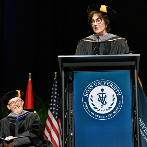 Janet Donlin speaking at the Ross University commencement