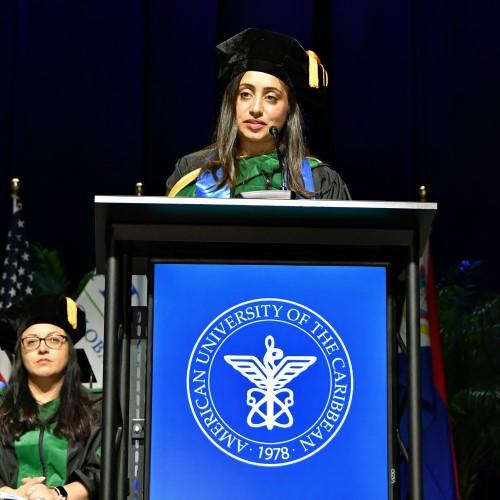 Monica Arti speaking at the Ross University commencement