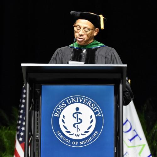 Oliver Tate speaking at Ross University commencement