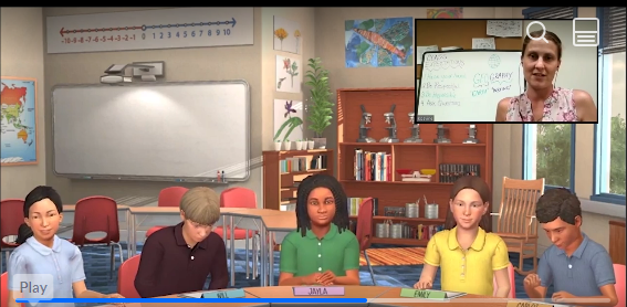 "Image from a simulation with digital avatars of gradeschool students talking with a teacher"