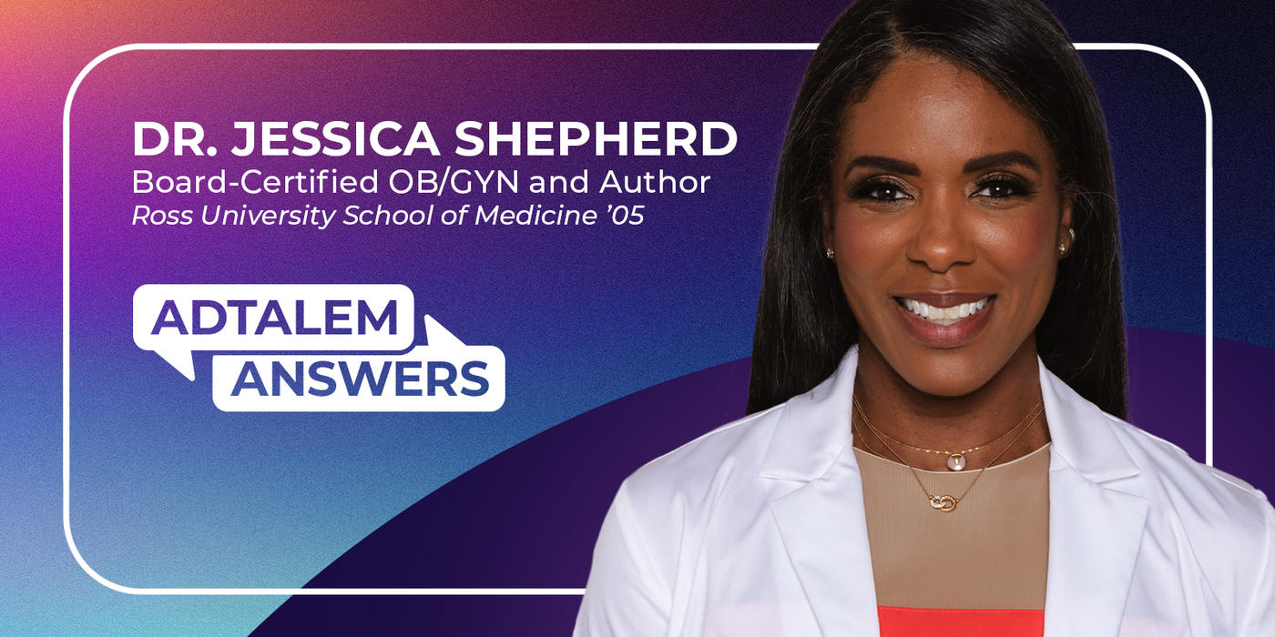 an Adtalem Answers graphic with a headshot of Dr. Jessica Shepherd