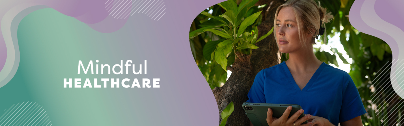 Gradient green to purple with woman in scrubs holding a tablet