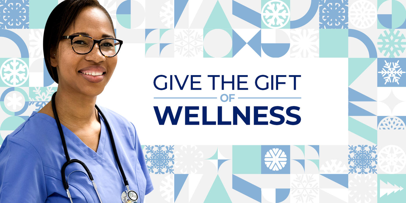 a healthcare worker with holiday graphics and "give the gift of wellness" in text