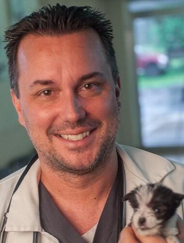a headshot of Dr. JP Carew, RUSVM alumnus, holding a puppy