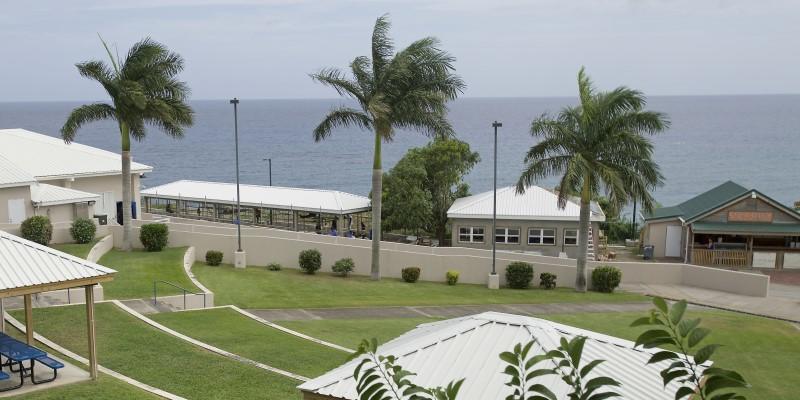 Campus view of Ross University School of Veterinary Medicine with ocean background