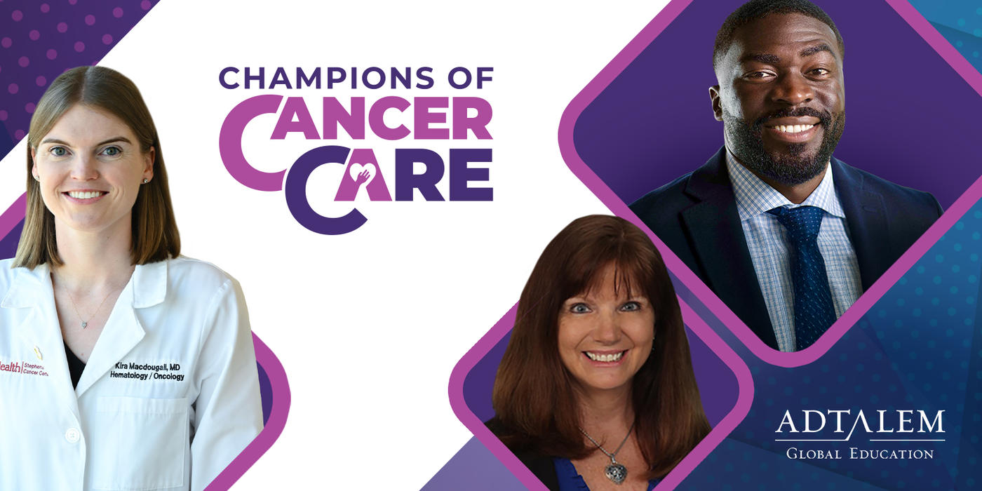 Champions of Cancer Care with three headshots of the doctors in the story
