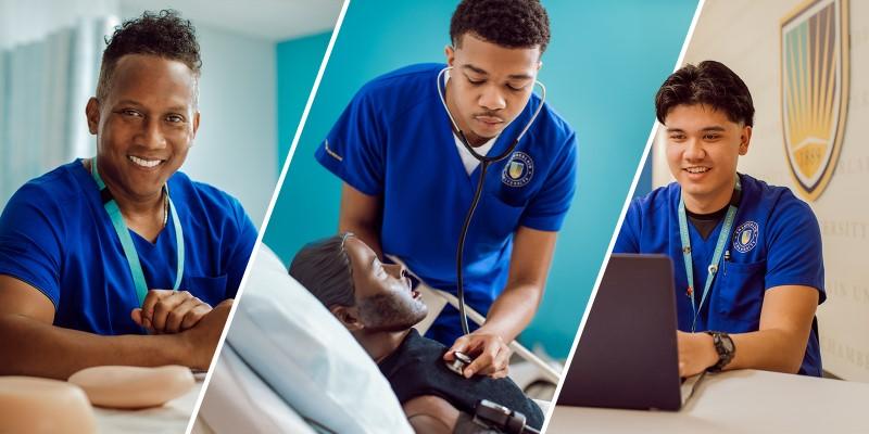 Collage of three male nurses in blue scrubs