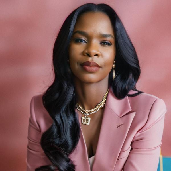Woman with long dark hair in pink suit