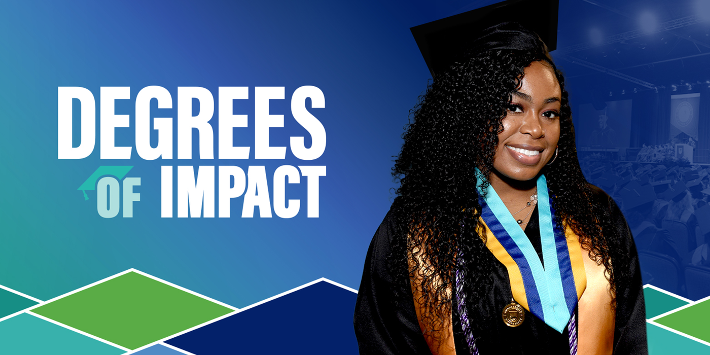 Degrees of Impact with a photo of a graduate