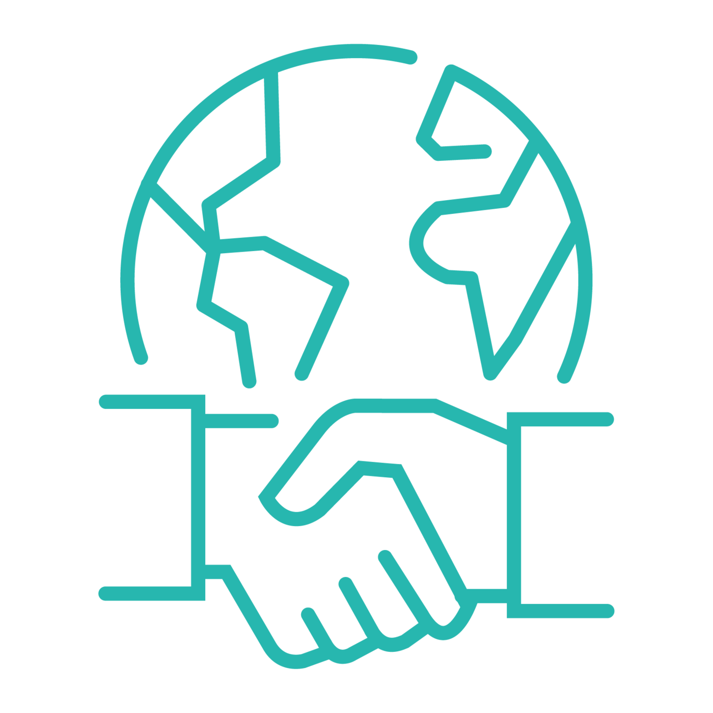 outline of a globe with shaking hands in front of it