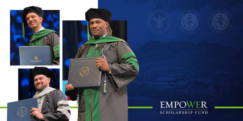 Three Adtalem graduates in regalia holding diplomas