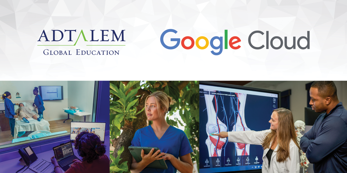 Collage of healthcare workers, Adtalem, Google Cloud