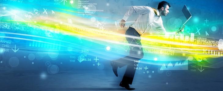 graphic image of a man running with a laptop