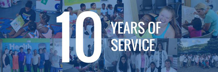 Graphic text of "10 years of service" over a collage of med student photos