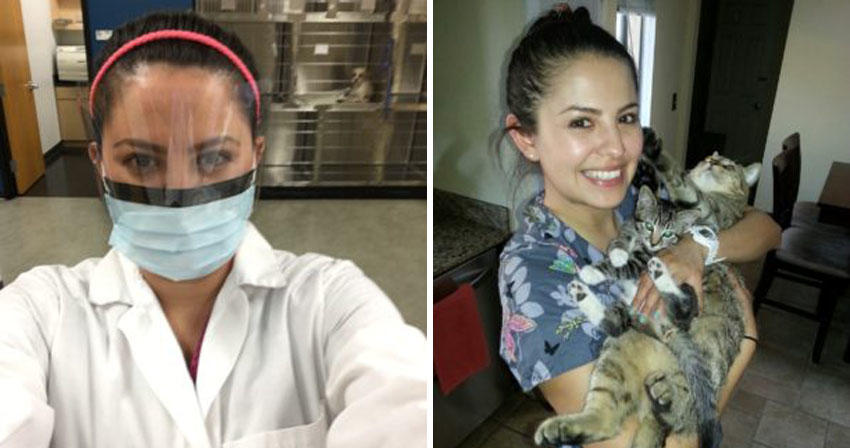 Photos of Kathy in lab clothes and at home holding cats