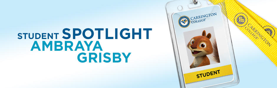 graphic text "student spotlight Ambraya Grisby" and a name tag lanyard